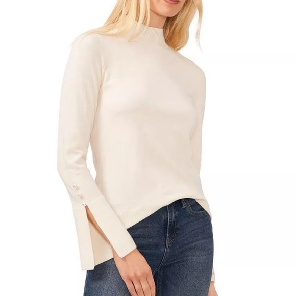 CeCe Mock Neck Sweater Women's l Antique White Pearl Trim Split Sleeve - Picture 1 of 4